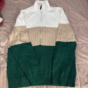 Club Room Men's Zip Up Sweater - Green, Tan, and White